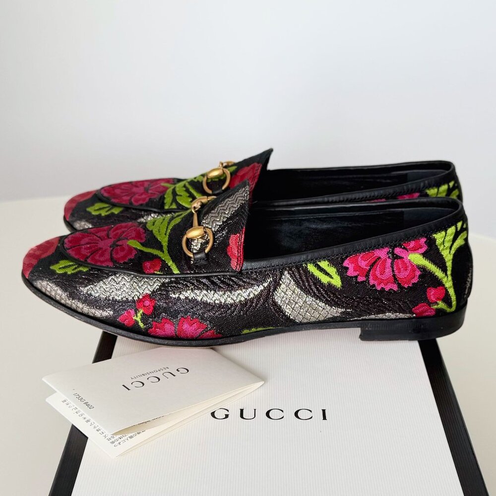 GUCCI Jordaan Floral Brocade Horsebit Loafers – Size IT 39 / US 8.5–9